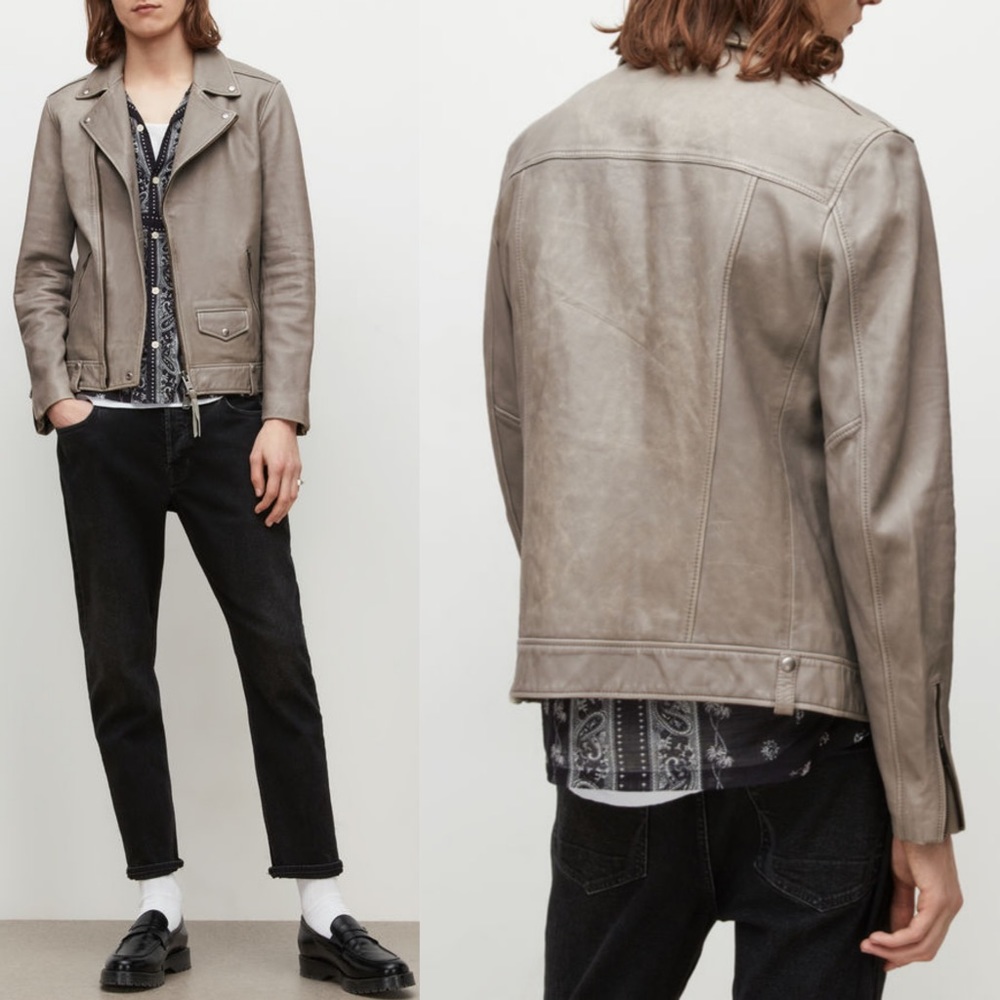 ALLSAINTS Indi Distressed Leather Biker Jacket, Clay Taupe , size S